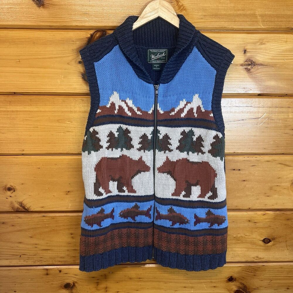 VTG Woolrich Women’s XL Shawl Sweater Vest Full Zip Outdoors Mountain Bear Fish
